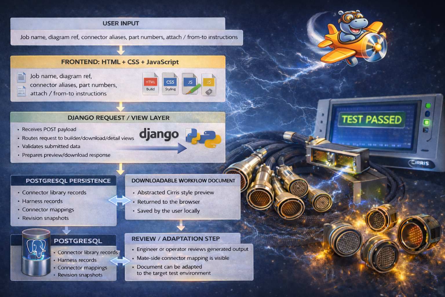 HipotPilot workflow diagram with hippo icon and PostgreSQL deployment architecture
